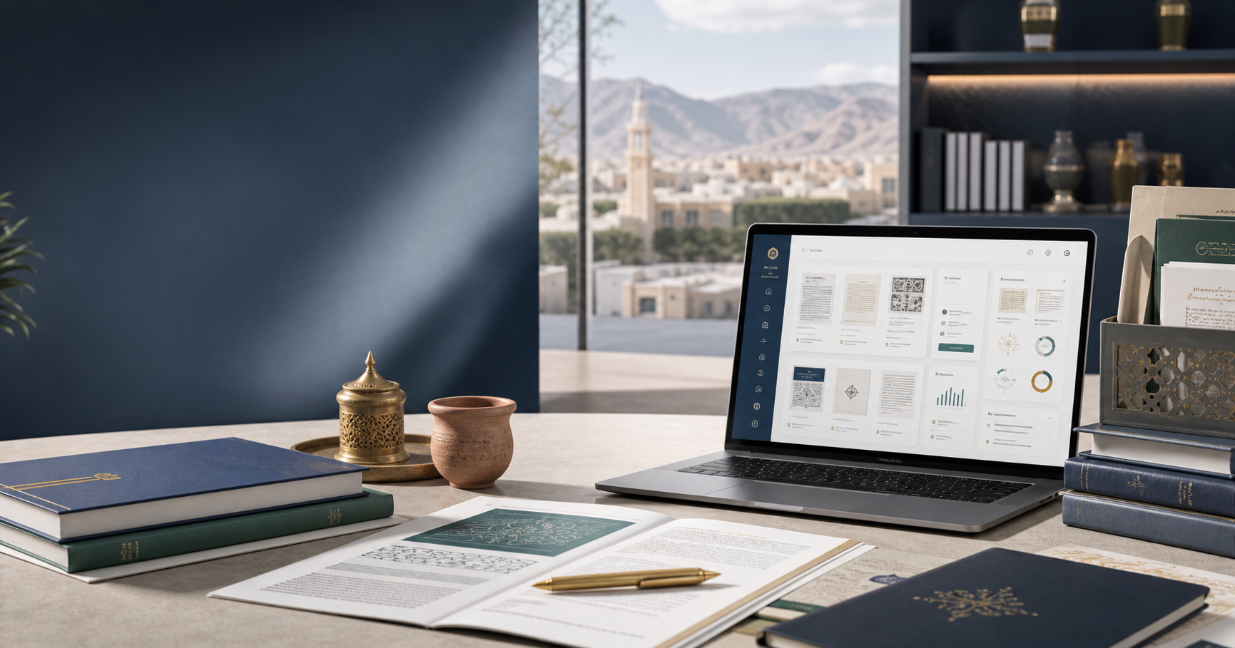 Academic publishing workspace with digital journal interface